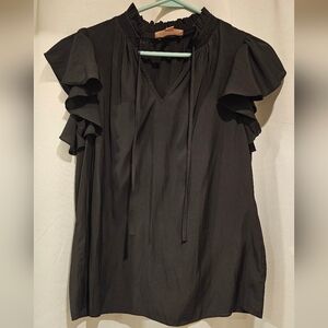 Philosophy Black Ruffle Sleeve V-Neck Tie Blouse